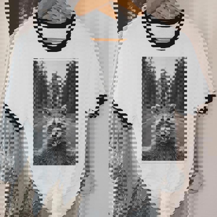 Raccoon Selfie Ringer T-Shirt - Unisex Cotton Tee with Bigfoot Design