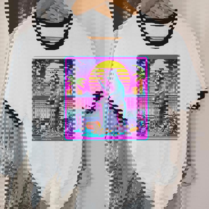 Vaporwave Raccoon Cotton Ringer T-Shirt - Retro Unisex Style