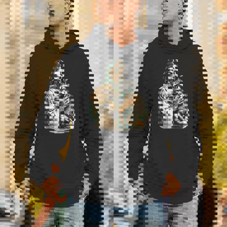 Vintage Distressed Jesus Raccoon Hug Unisex Hoodie for Raccoon Lovers