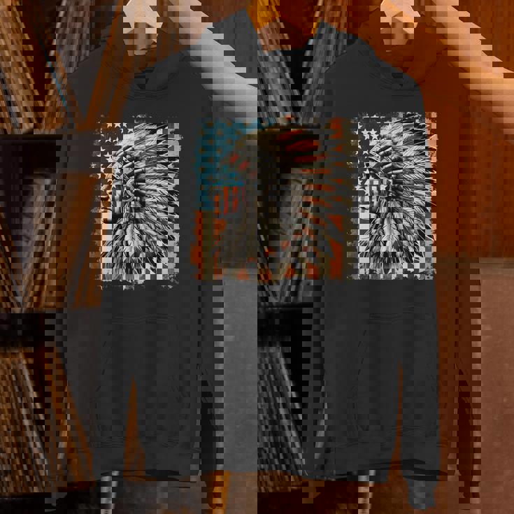 Vintage Native American Indian Chief American Usa Flag Hoodie