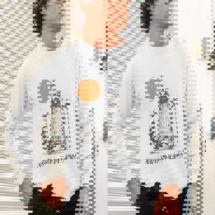 Retro 90s Raccoon Unisex Long Sleeve T-Shirt - Quirky Sunset Design