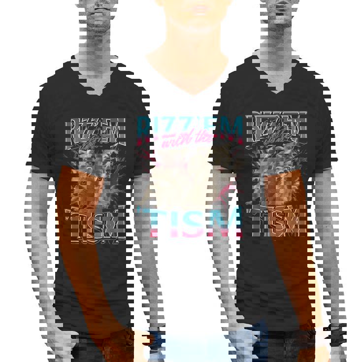 Rizz Em With The Tism Meme Autism Autistic Raccoon Men's V-Neck T-Shirt