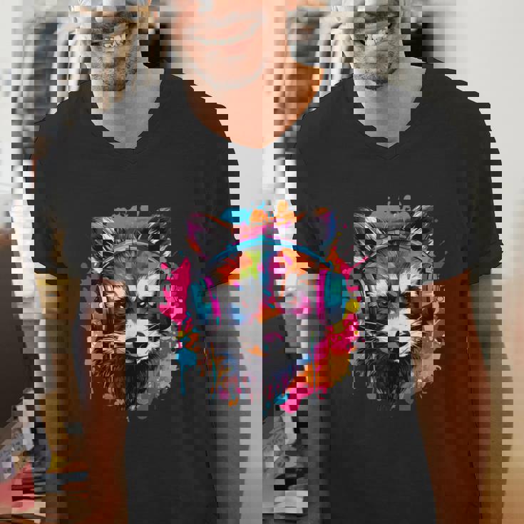 Colorful Retro Raccoon T-Shirt with Headphones – Unisex V-Neck