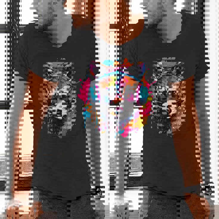 Colorful Retro Raccoon T-Shirt with Headphones – Unisex V-Neck