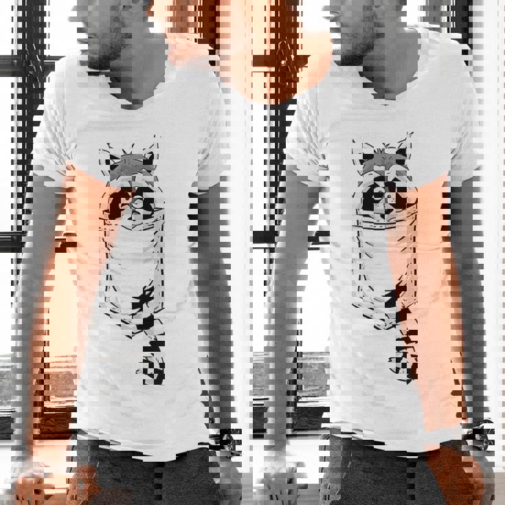 Raccoon Cartoon Pocket T-Shirt | Blue Animal | Men's V-Neck Casual