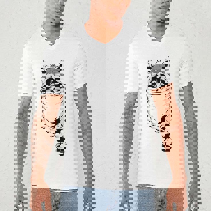 Raccoon Cartoon Pocket T-Shirt | Blue Animal | Men's V-Neck Casual