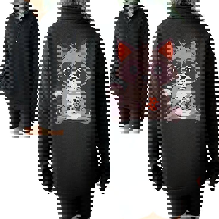 Raccoon Raccoon With Cookie -Adults Small Half Zip Oversized Sweatshirt
