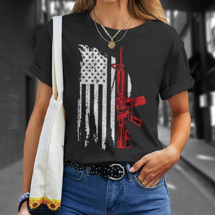 AR-15 Assault Rifle USA Flag Gun T Thin Red Line T-Shirt - Monsterry