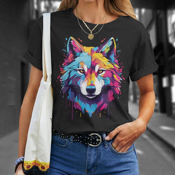 Colorido Lobo Arte Amante Lobos Espíritu Animal Multicolor Arte Sin Mangas Camiseta unisex Regalos para ella