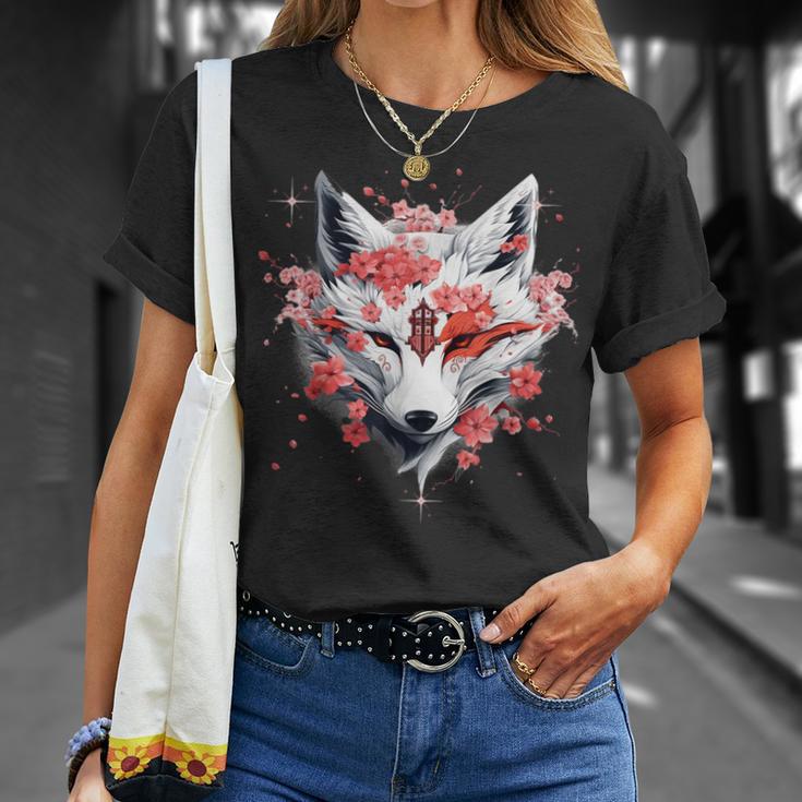 Kitsune Fox Mask Japanese Anime Kawaii Blossom Cherry Flower T-Shirt Geschenke für Sie