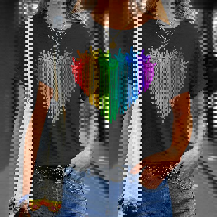 LGBTQ Pride I Love You Hand Sign Rainbow Heart ASL Ally T-Shirt Gifts for Her