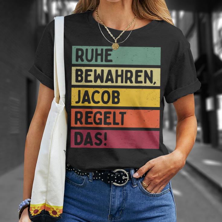 Ruhe Bewahren Jacob Regelt Das Spruch In Retro Colours T-Shirt Geschenke für Sie