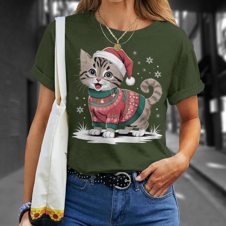 Cat Wearing Ugly Christmas Jumper And Santa Hat Cute Kitten T-Shirt Geschenke für Sie