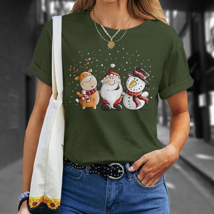 Santa Claus Reindeer And Snowman In The Snow I Christmas T-Shirt Geschenke für Sie