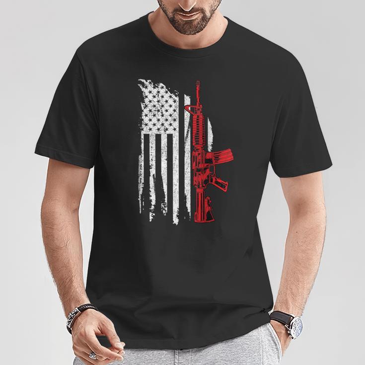 AR-15 Assault Rifle USA Flag Gun T Thin Red Line T-Shirt - Monsterry