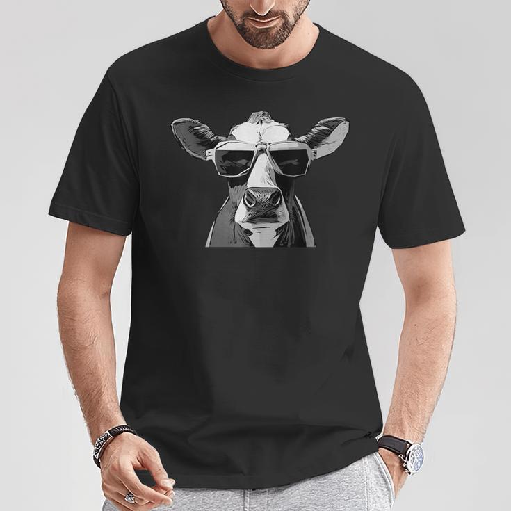 Cool Holstein Head With Sunglasses Farmer Cow Motif T-Shirt Lustige Geschenke