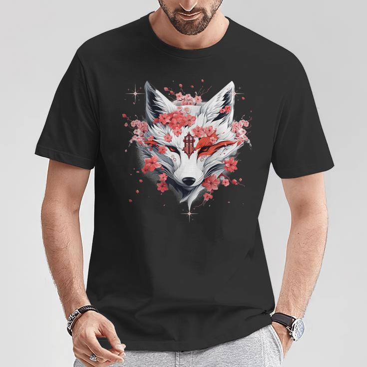 Kitsune Fox Mask Japanese Anime Kawaii Blossom Cherry Flower T-Shirt Lustige Geschenke