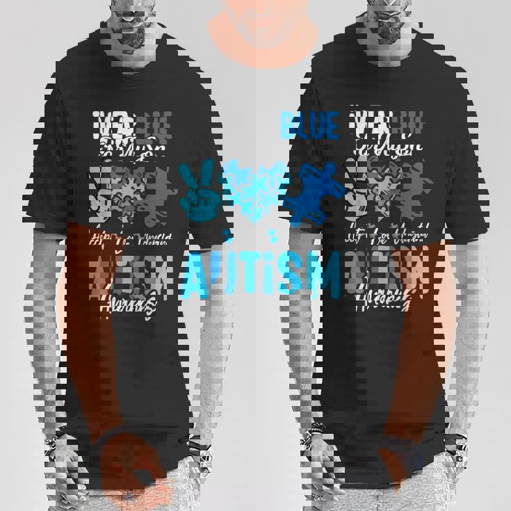 I Wear Blue For My Son Autism Awareness Mom Dad Parents T-Shirt Unique Gifts