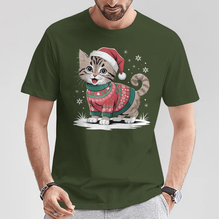 Cat Wearing Ugly Christmas Jumper And Santa Hat Cute Kitten T-Shirt Lustige Geschenke