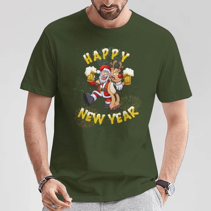 Happy New Year Santa With Rudolph The Reindeer Party T-Shirt Lustige Geschenke