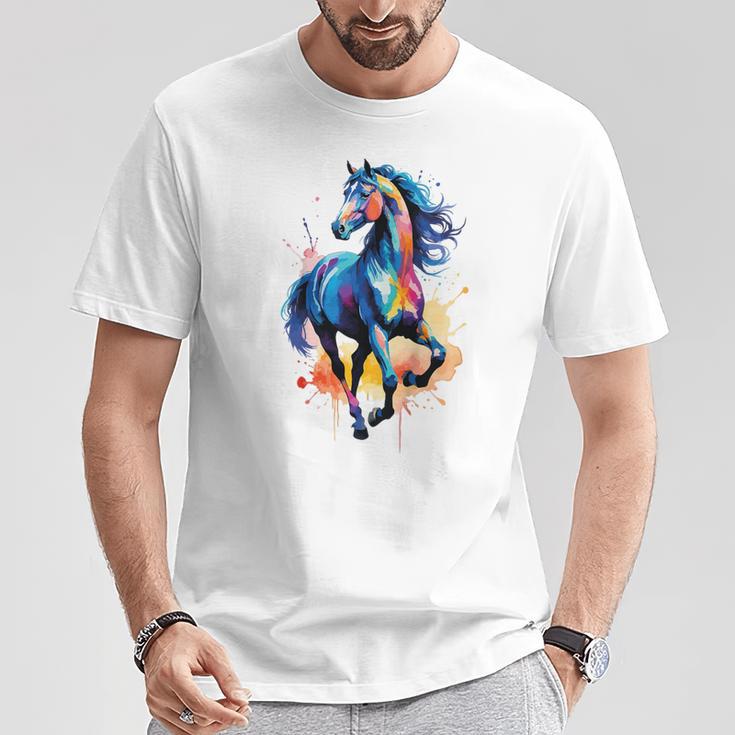 Children's Colourful Horse In Gallop Cute Horses Girls Stable And Riding Blue T-Shirt Lustige Geschenke