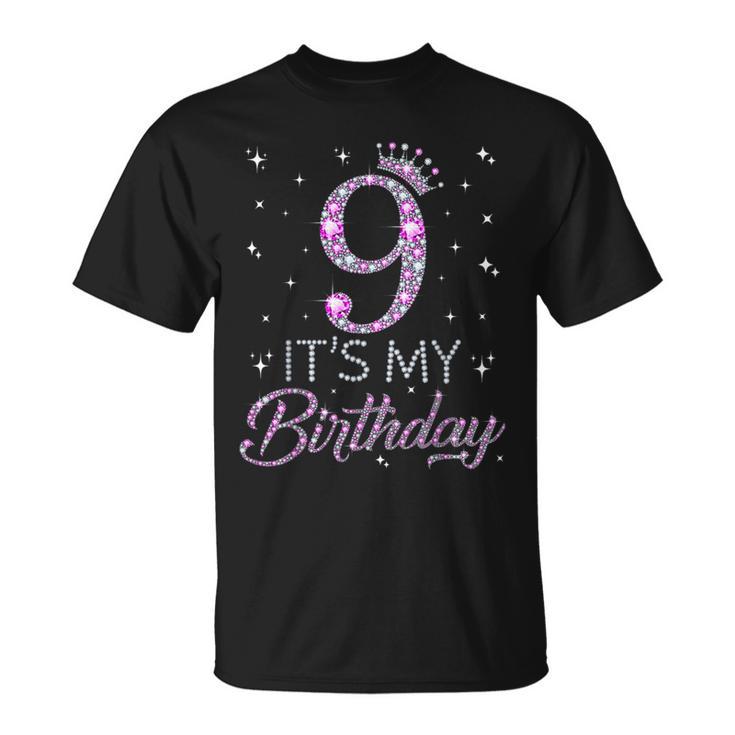 9 It's My Birthday Pink Crown Happy 9Th Birthday Girl T-Shirt