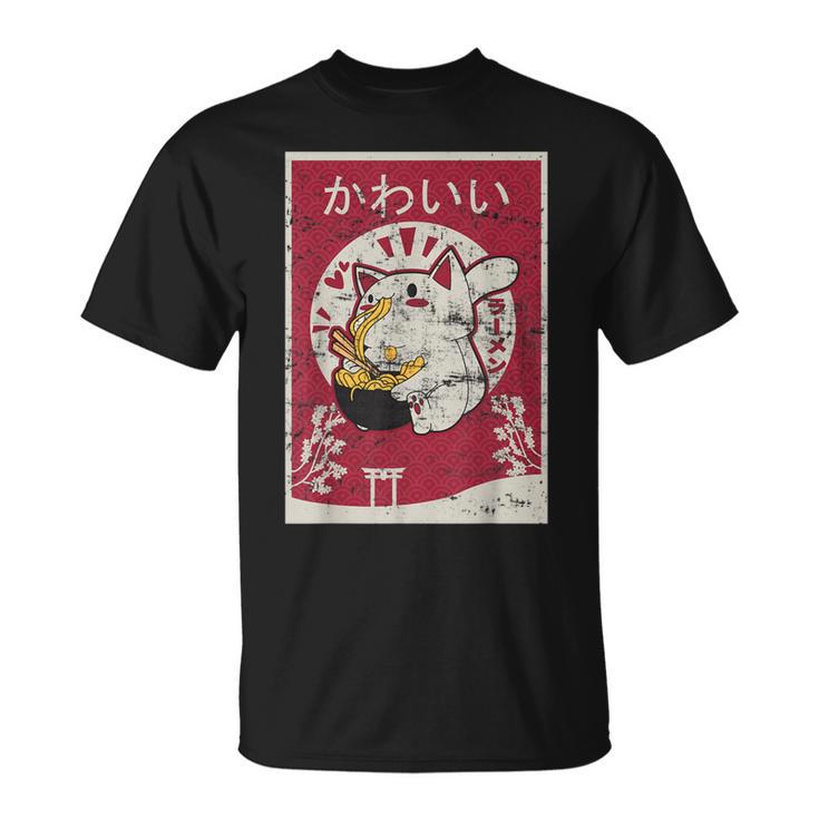 Anime Ramen Cat Retro Japanese Wooden Blockintage Kawaii Cat T-Shirt