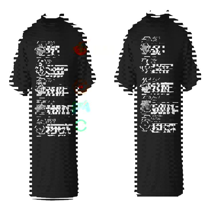 Eat Sleep Anime Gaming Repeat Camiseta unisex