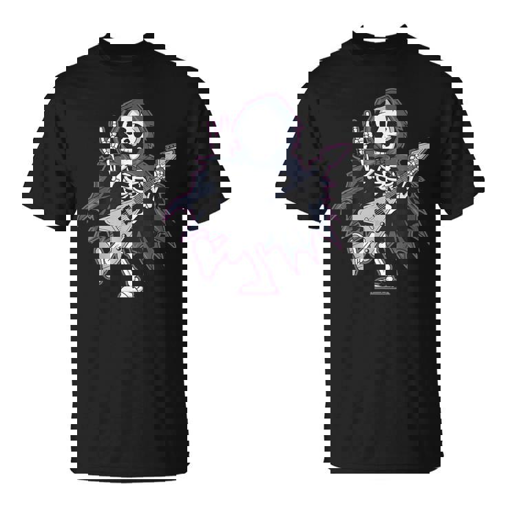 Esqueleto Calavera Guitarra Rock En Heavy Metal Diablo Cuernos Música Camiseta unisex