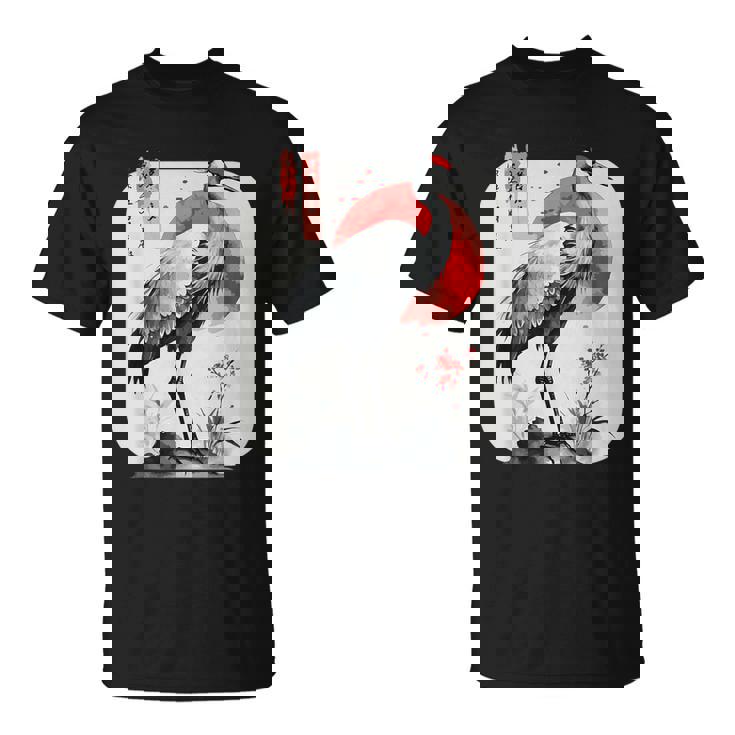 Grulla De Arte Tradicional Japonés Y Atardecer Rojo Japonés Kanji Camiseta unisex