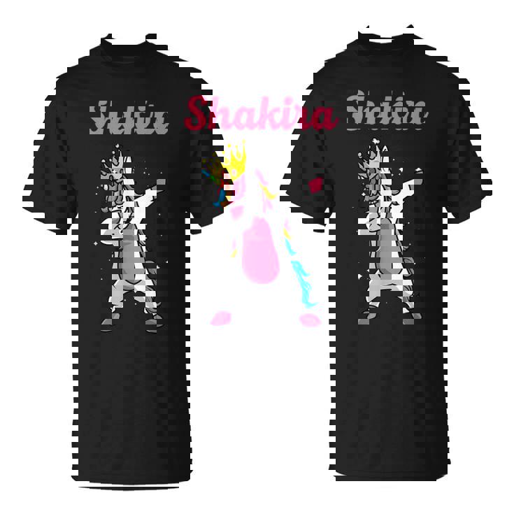 Shakira Nombre Personalizado Cumpleaños Dabbing Unicorn Queen Camiseta unisex