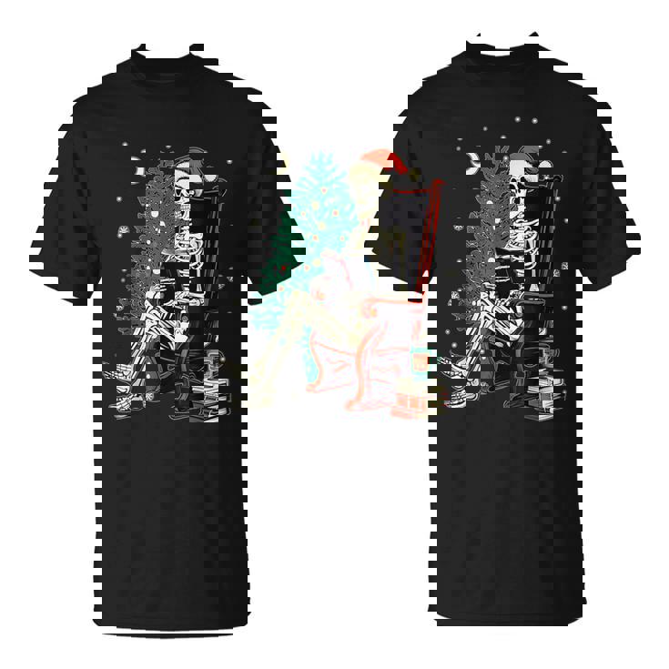 Skeleton Santa Christmas Tree Reading Book Book Worm T-Shirt