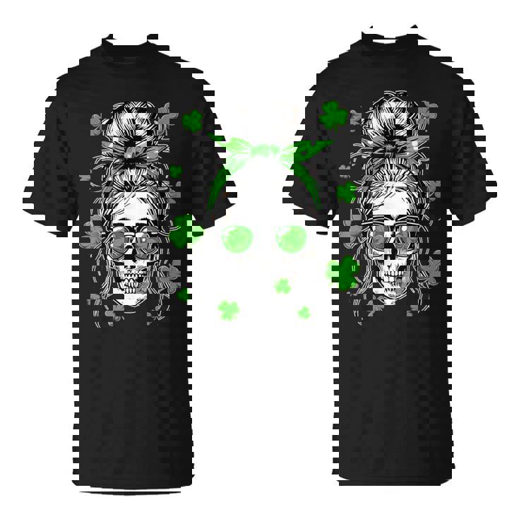 Skull Woman Messy Bun Hair Sunglasses Patrick's Day Clovers T-Shirt
