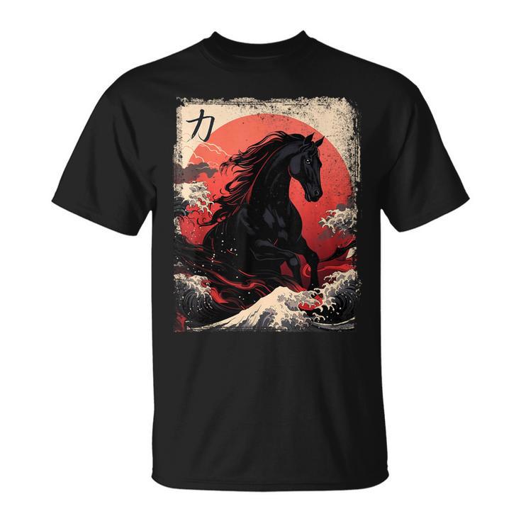 Vintage Japanese Black Horse The Great Wave Off Kanagawa T-Shirt