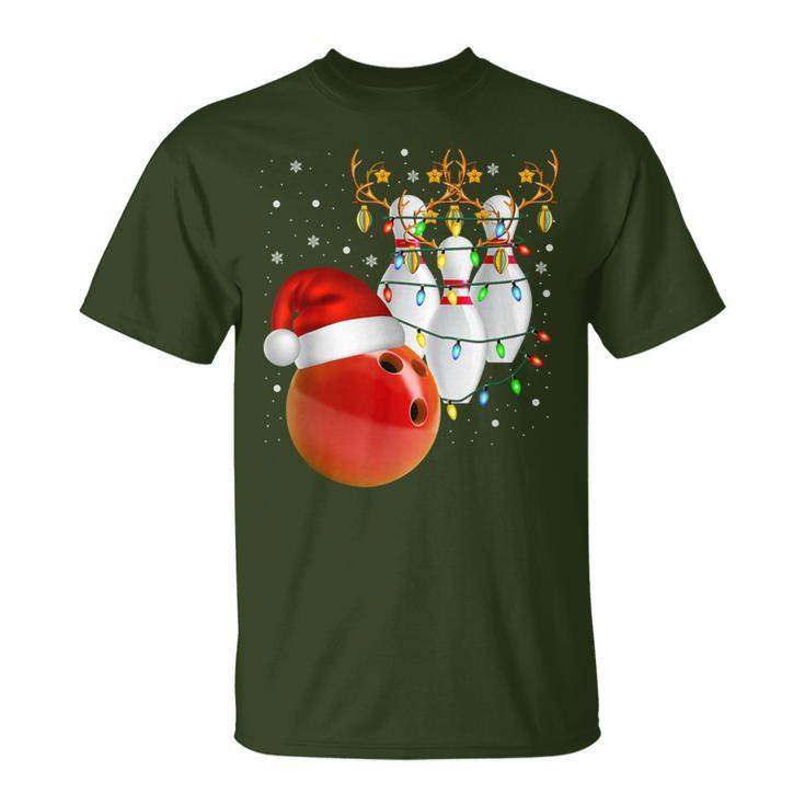 Bowling Christmas Bowling Santa Hat Christmas Lights T-Shirt