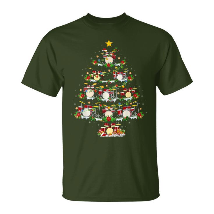 Christmas Lights Santa Drummer Christmas Tree T-Shirt