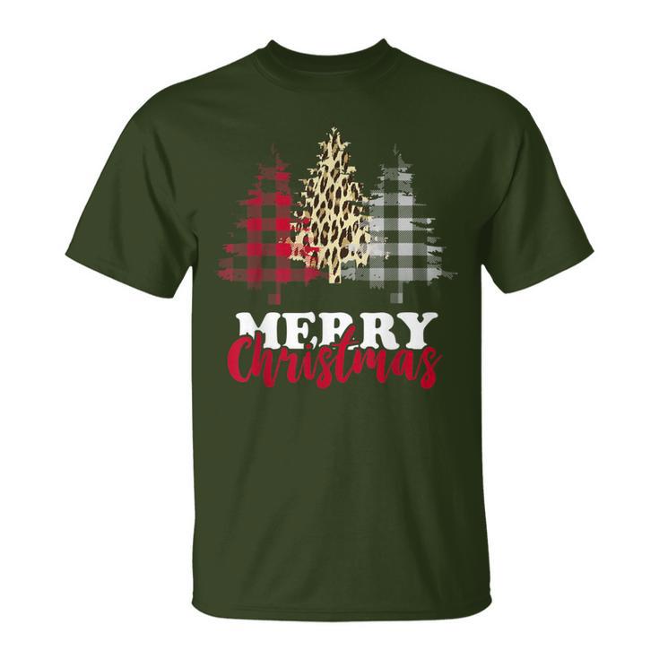 Christmas Tree Buffalo Check Leopard Xmas Merry Christmas T-Shirt