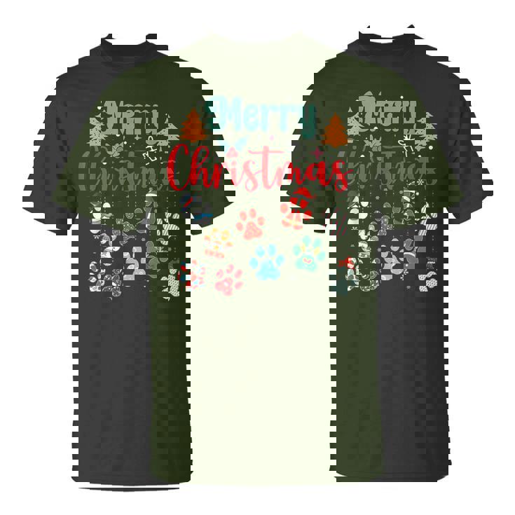 Merry Christmas Lights Dog Paw Red Plaid Dog Love Xmas T-Shirt