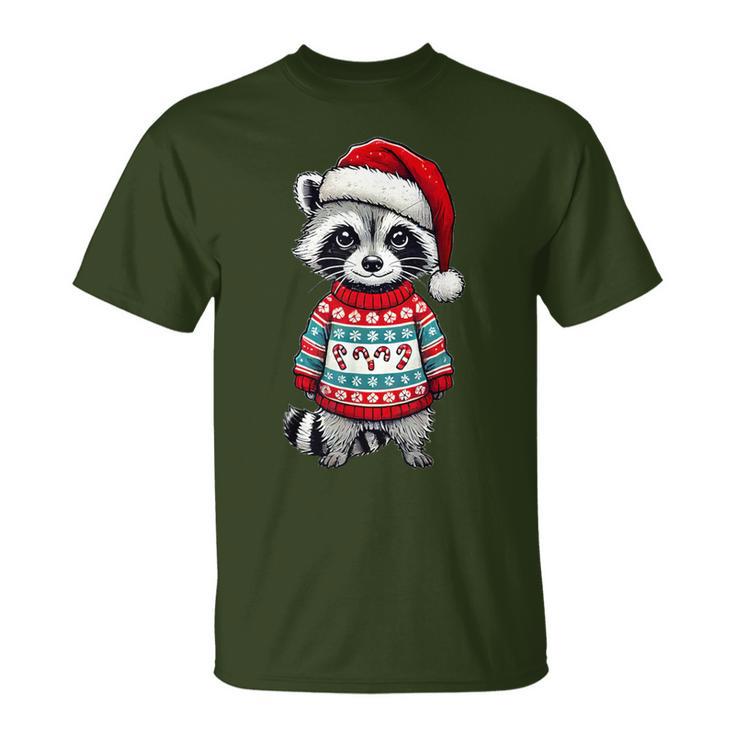 Raccoon Ugly Sweater Santa Hat Christmas T-Shirt