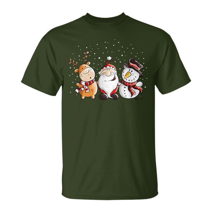 Santa Claus Reindeer And Snowman In The Snow I Christmas T-Shirt