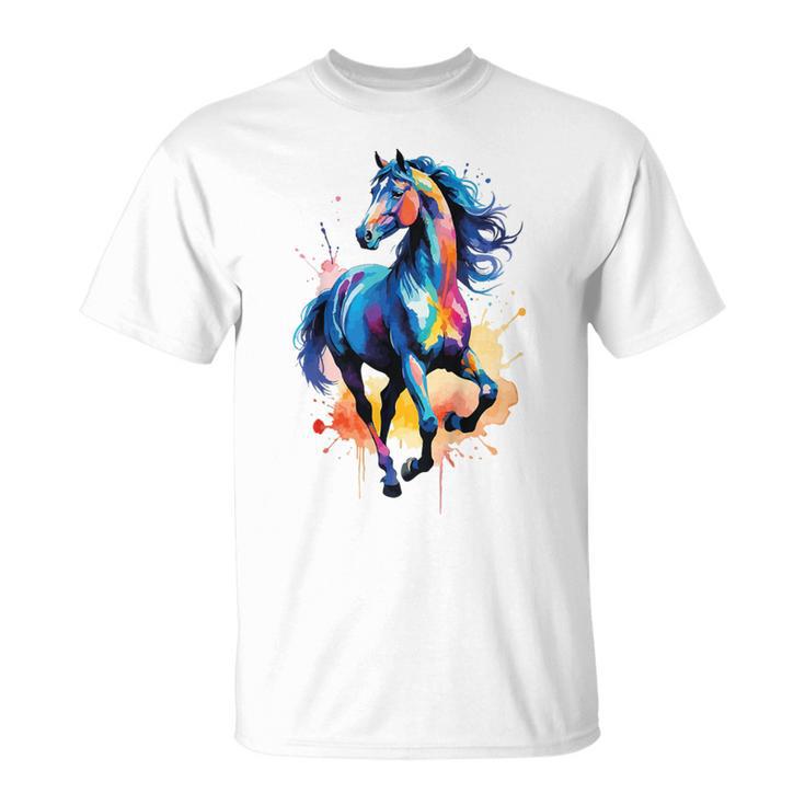 Children's Colourful Horse In Gallop Cute Horses Girls Stable And Riding Blue T-Shirt