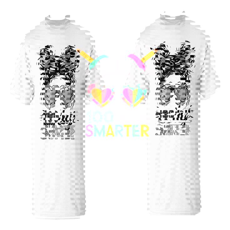 Messy Hair Bun 100 Days Smarter 100Th Day Of School Kid Girl T-Shirt