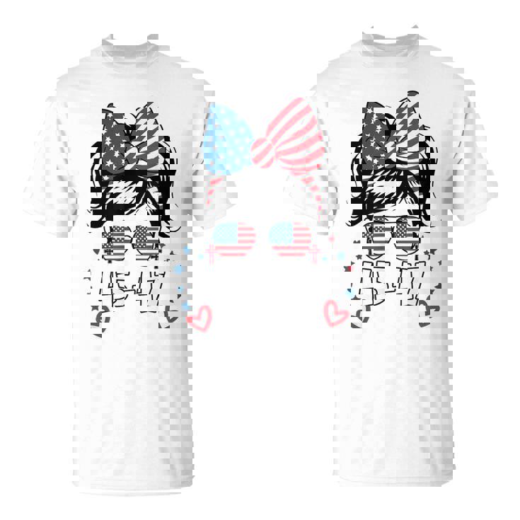 N Girl 45-47 Trump Messy Bun 2024 Usa Flag Youth T-Shirt