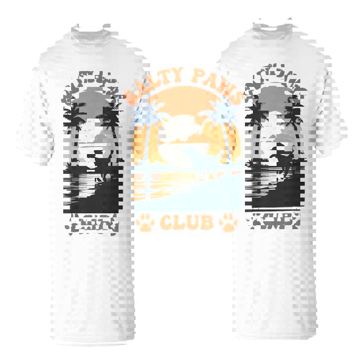Retro Dog Beach Day Salty Paws Print Summer Ocean Sunset T-Shirt