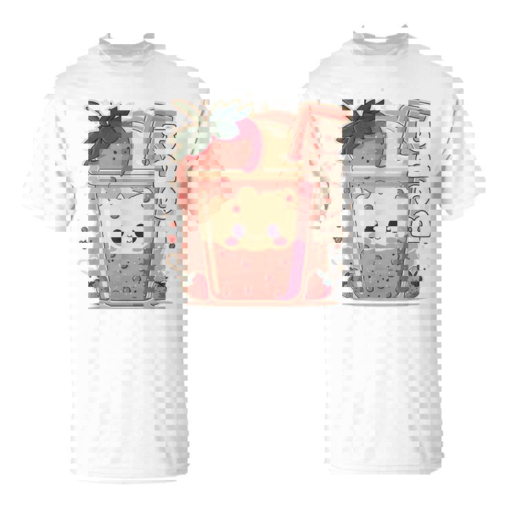 Strawberry Boba Anime Bubble Tea Neko Girls Kawaii Teen T-Shirt