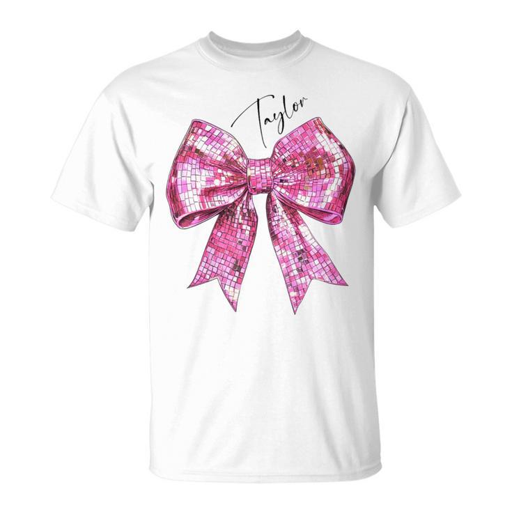 Taylor Lover First Name N Girls Pink Disco Ball Bow T-Shirt