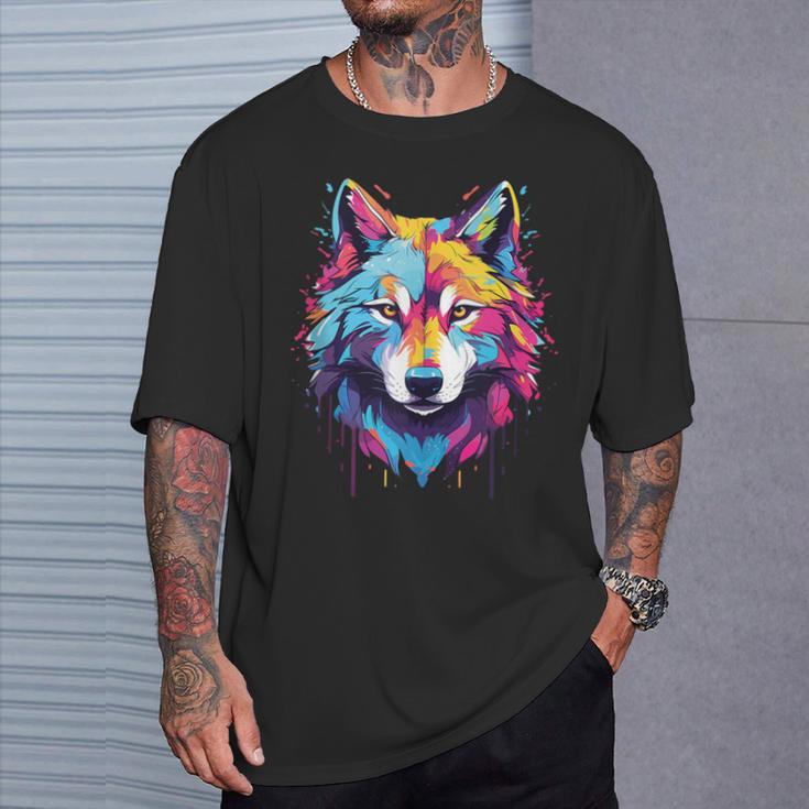 Colorido Lobo Arte Amante Lobos Espíritu Animal Multicolor Arte Sin Mangas Camiseta unisex Regalos para él
