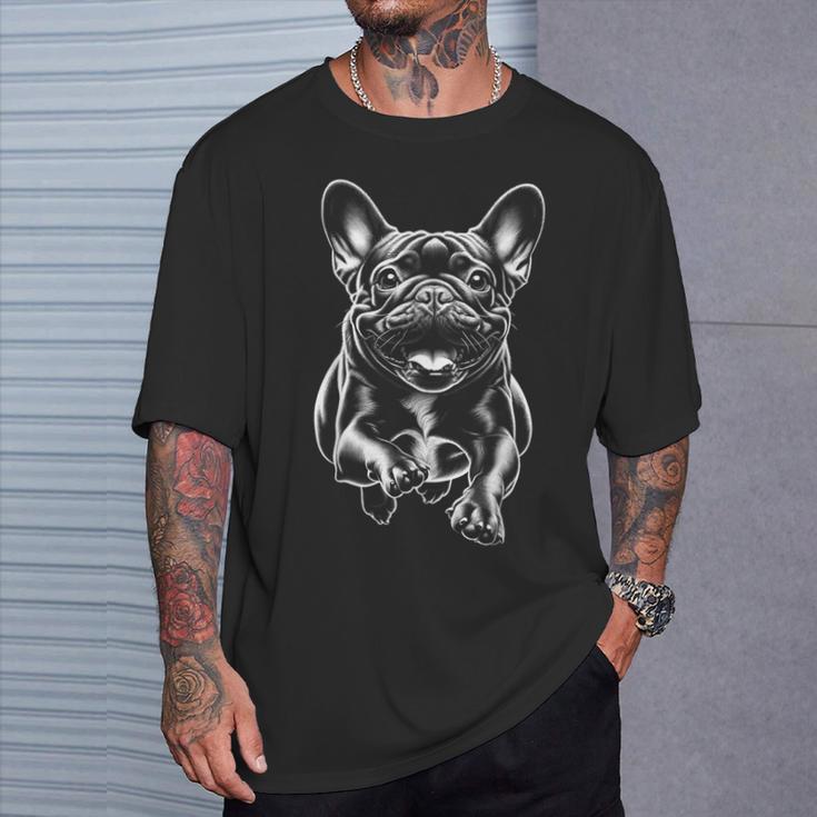 Cute French Bulldog In Run As Cool Portrait T-Shirt Geschenke für Ihn