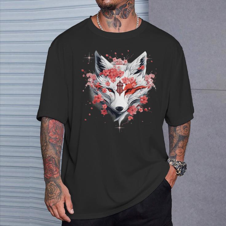 Kitsune Fox Mask Japanese Anime Kawaii Blossom Cherry Flower T-Shirt Geschenke für Ihn