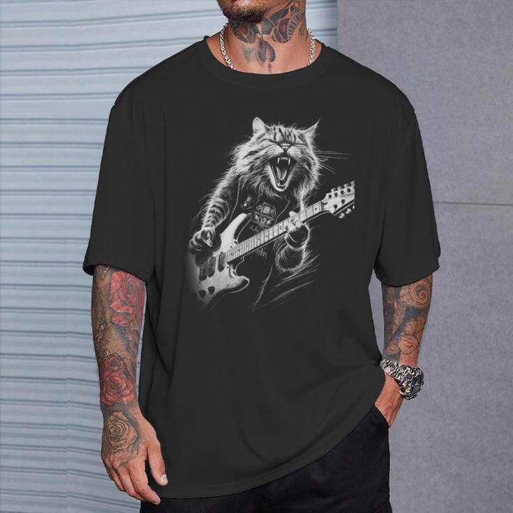 Rock Cat With Guitar Cat Motif Man Woman T-Shirt Geschenke für Ihn